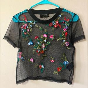 UO Embroidered Mesh Crop Top